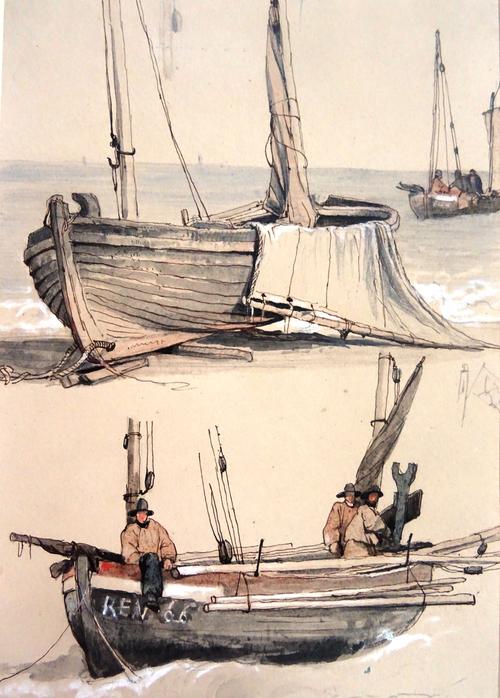 A group of seven 19th century watercolours of boats, one inscribed and dated 6th Oct 75, the largest 36.5cm x 25cm, all unframed, (7).