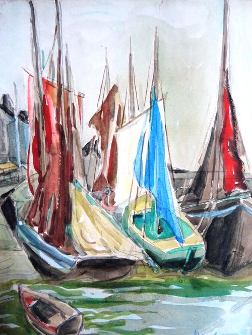 A group of assorted mainly 20th century watercolours of seascapes and boats, including two attributed to Ronald Ossory Dunlop, One attributed to Thoma