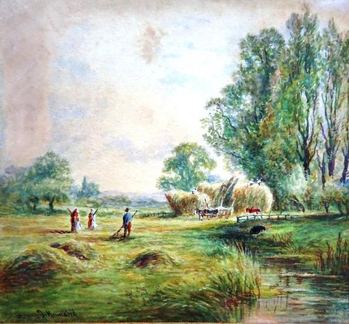Harry John Kinnaird  (fl. 1880-1920), Haymaking, watercolour signed, unframed, 19cm x 20.5cm.