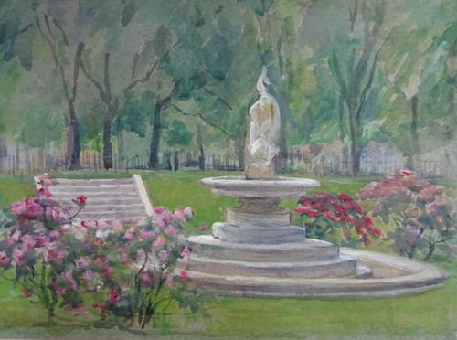 A group of five watercolours, including three garden scenes, two by Herbert George and two village scenes by John Sanderson Wells, four signed, all un
