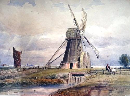 A group of seven watercolours, including five views of windmills, including one by Harry Morley, a cottage scene, and a view of a watermill at Mapledu