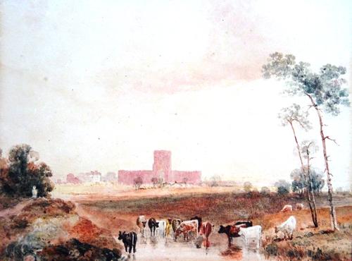 A group of seven 19th century watercolours, including landscape and rustic views: 'The watering place near St Albans', Figures by a lake; Figures and