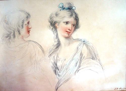 John Keyse Sherwin (1751-1790), Study of a couple, pencil and coloured chalk, signed and dated 1780, unframed, 23cm x 33cm.