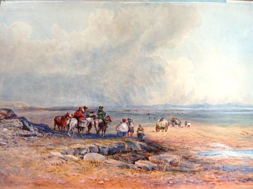 English School (19th century), A Caravan crossing a plain, watercolour, 25cm x 35cm.; together with an extensive landscape with cattle and figures, an