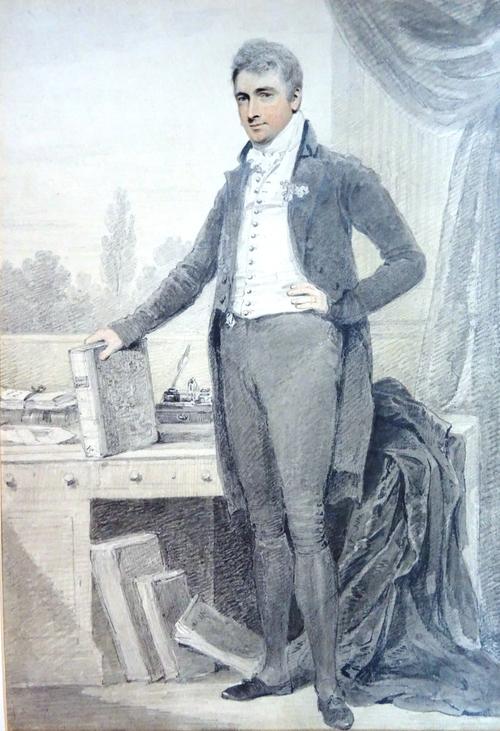 A group of six 19th century watercolour portrait subjects, including a full length portrait of a gentleman, a three quarter length portrait of a boy i