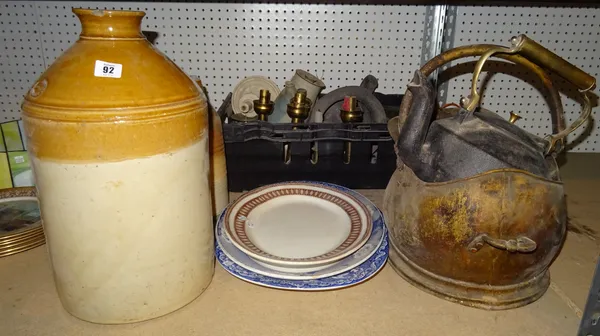 Ceramics and collectables, including; a large stoneware flagon, a copper coal scuttle, a kettle, candlesticks, a pewter pot and sundry, (qty).  S4M