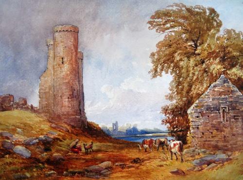 A group of eight watercolour landscapes, including a view of cattle grazing by a ruin by David Hall McKewan, a Summer landscape by Parker Hagarty, and