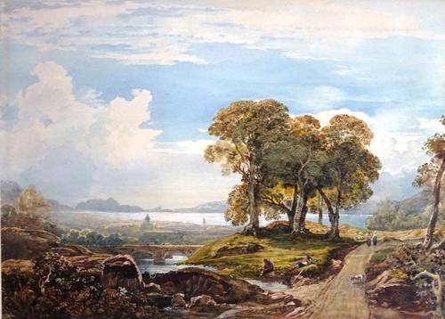 A group of ten 19th  and early 20th century watercolours, including angling scenes, landscape and figure groups, all unframed, the largest 32cm x 40cm