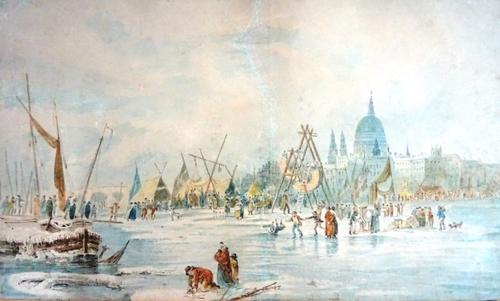 A group of five 19th century watercolours of river scenes, including a view of a Frost Fair on the Thames, and views of Henley Bridge, Shrewsbury Brid
