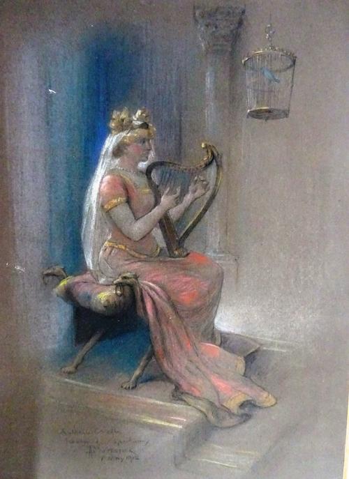 A. Forestier (early 20th century), A Classical maiden playing a harp, pastel, signed, indistinctly inscribed and dated 1st May 1912, 32.5cm x 24cm.; t