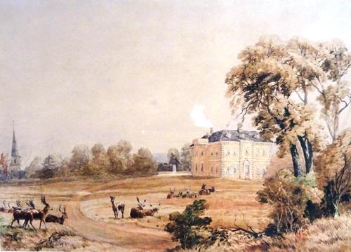 A group of assorted mainly 19th century watercolours and drawings, including a view of a country house and deer park, a view of an Italianate country