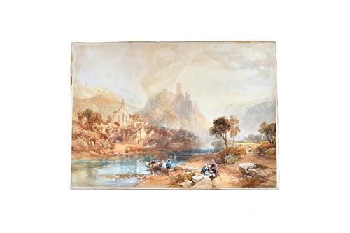 Circle of Thomas Charles Leeson Rowbotham, Figures by a river, possibly the Rhine, watercolour, 44.5cm x 63cm.; together with Travellers in a landscap