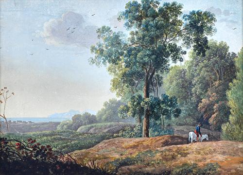 English School (late 18th century), A traveller on horseback in a wooded landscape, gouache, 22.5cm x 30.5cm.; together with a further gouache of a ro