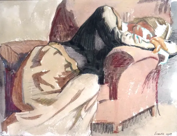 Therese Lessore (1884-1945), Study of a sleeping woman in an armchair, watercolour over pencil, signed and dated 1919, unframed, 21cm x 27.5cm.