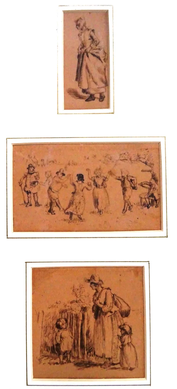 A group of four mounted watercolours and drawings, including three figurative sketches, mounted as one, attributed to Kate Greenaway, an ink and wash