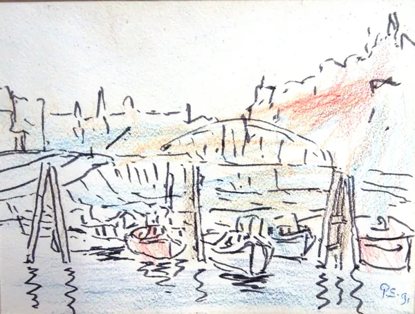 Follower of Paul Signac, Moored boats, ink and crayon sketch, bears initials and date '91, unframed, 13cm x 17cm.