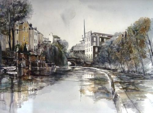 A group of seven 20th century town or street scenes, including a view of the Regents Canal by Alex Prowse; 'Amersham' and 'Warwick' by Susan Saward, v