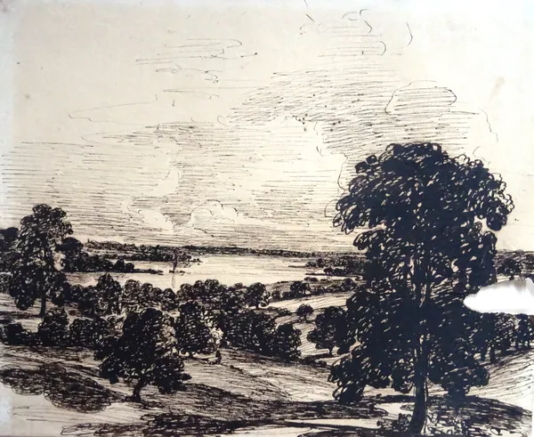 Follower of John Constable, The Stour at Manningtree, Essex, pen and ink, 19cm x 22.5cm.; together with a pencil study of a view of a church, both unf