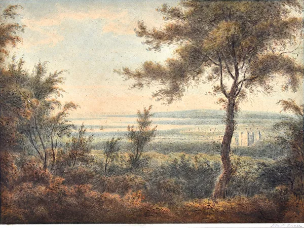 Follower of Joseph Mallord William Turner, Landscape with distant castle, watercolour, unframed, 24cm x 33cm. Illustrated