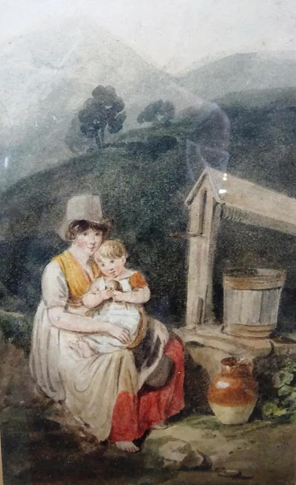 Attributed to Joshua Cristall (1767-1847), Welsh Mother and child by a well, watercolour, 18cm x 10.5cm.
