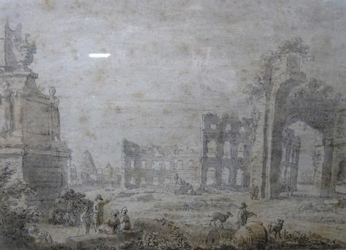 Circle of Arthur Devis, The Colosseum, Rome, pen, ink and grey wash, 23cm x 30cm.