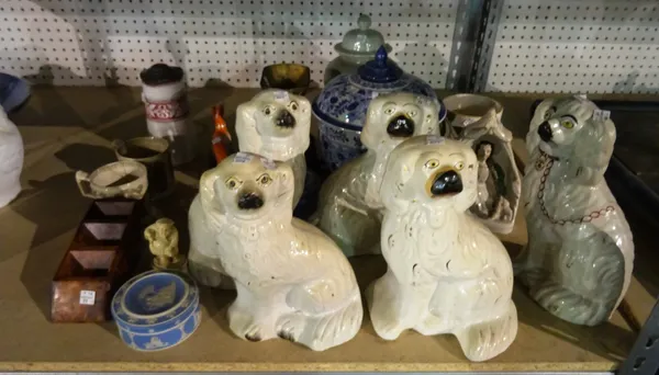 Ceramics and collectables, including; five Staffordshire spaniels, a Jasperware pot, Asian vases and covers, a burr walnut desk stand, an iron blackam