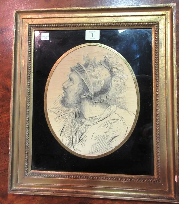 A George III hairwork picture depicting a Grecian warrior, inscribed to the reverse 'Mary Michael, Tooting Surrey 1799', within a gilt frame, 34cm wid