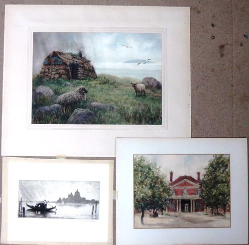 John Robert Keitley Duff (1862-1938), Sheep on a moor; View of a building, possibly an Assembly Room, two watercolours, one signed, both unframed, the