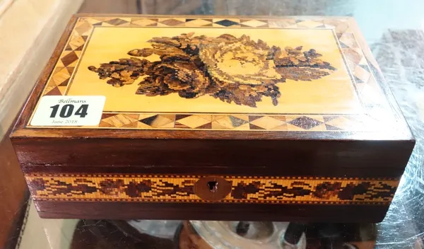 A Tunbridge ware box, with floral inlay and geometric borders, (a.f).   CAB