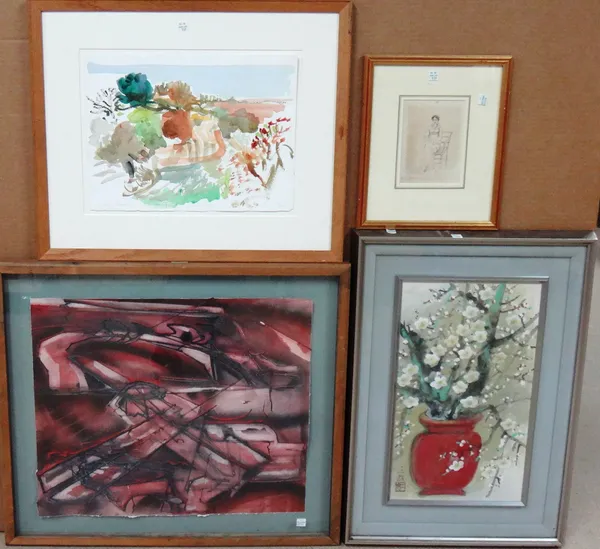 A group of six, including Jeremy Gardiner 'Digital Totems', oil; two still life watercolours, a pencil and wash study of a seated woman, a watercolour