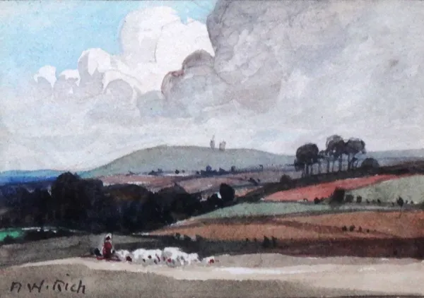 Alfred William Rich (1856-1921), Shepherd and flock in a landscape, watercolour and pencil, signed, 5cm x 6.5cm.