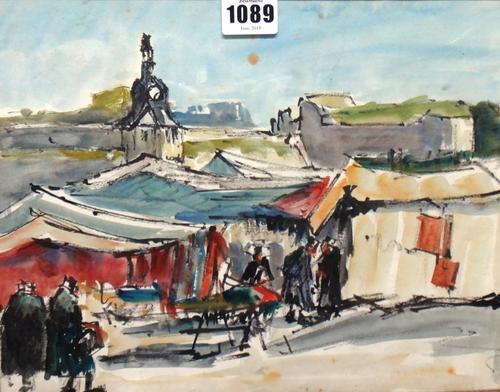 Rene Le Forestier (1903-1972), Figures approaching tents before a church, watercolour and ink, 23.5cm x 30cm.