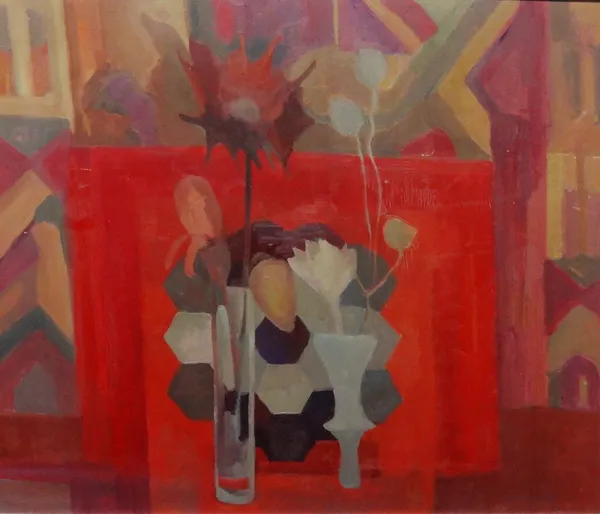 Margaret Firth (1898-1991), Patchwork on red, oil on board, 54cm x 64cm.Exhibited: Retrospective exhibition 1977. DDS