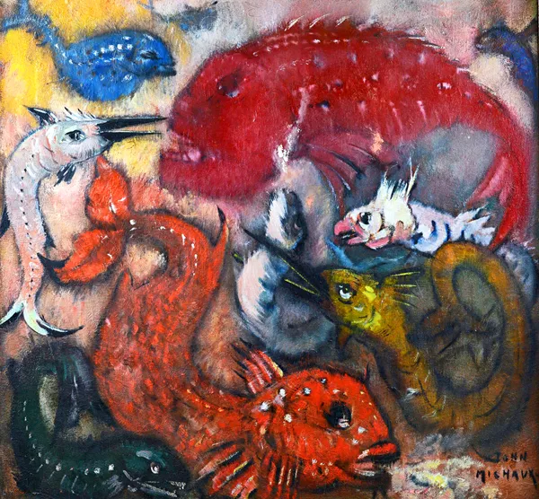 John Michaux (1876-1956), Exotic fish, oil on canvas, signed; inscribed on reverse, 94cm x 99cm. DDS Illustrated