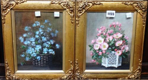 Fanny Farrer (1900-?), Still life of forget-me-nots; Still life of rambling roses, a pair, oil on canvas laid down, both signed, each 22cm x 17cm.(2)