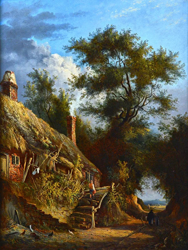 Caleb Robert Stanley (1795-1868), Figures passing a cottage, oil on panel, signed with initials and dated 1827, 65cm x 50cm. Illustrated