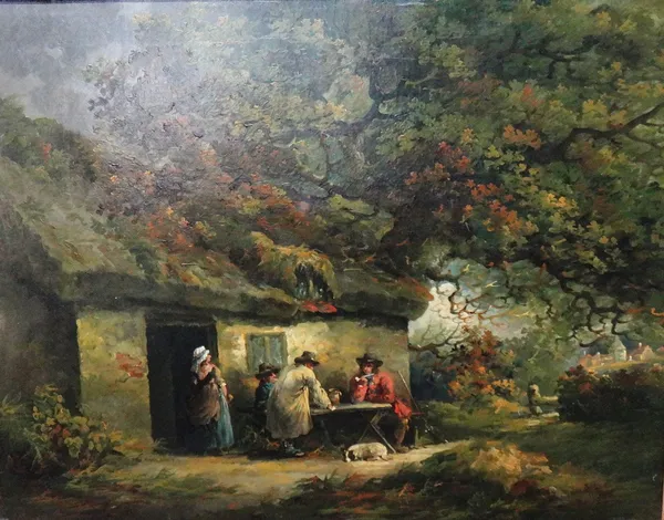 Manner of George Morland, Figures outside a tavern, oil on canvas, 70cm x 90cm.
