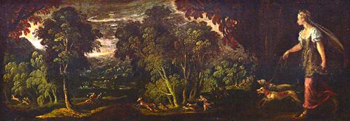 After Andrea Schiavone (Meldolla) (c.1510-1563), Diana the Huntress in pastoral landscape, oil on canvas, 31cm x 89cm.Provenance; Jeremy Maas Esq. and