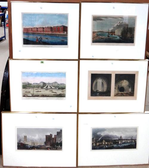 A group of six engravings with hand colouring, including views of Westminster and St Paul's after Andrews, a view of West India Dock after T. King, a