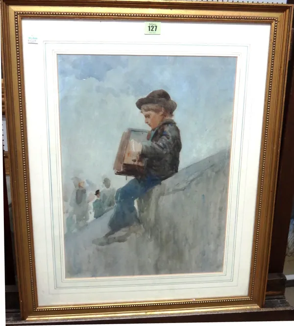 English School (19th century), The young accordion player, watercolour, 46cm x 34cm. G1