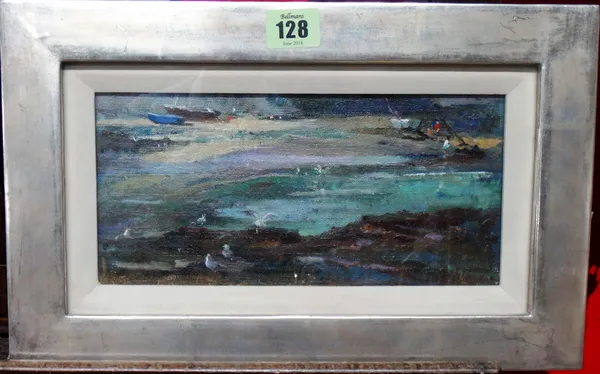 Jane Corsellis (b.1940), Coastal scene with gulls, oil on canvasboard, signed, 11.5cm x 25cm.   H1