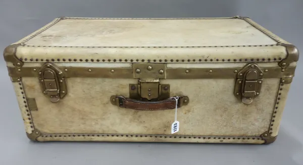 A French wooden pig skin bound suitcase by Cosmopolis, 20th century, with brass hardware stamped 'D. Jne', 70cm wide.