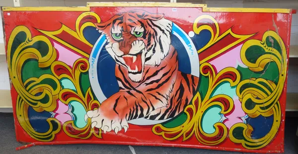 A polychrome painted wooden circus sign, depicting a tiger against a red ground, with light fitments to the rear, 230cm wide.