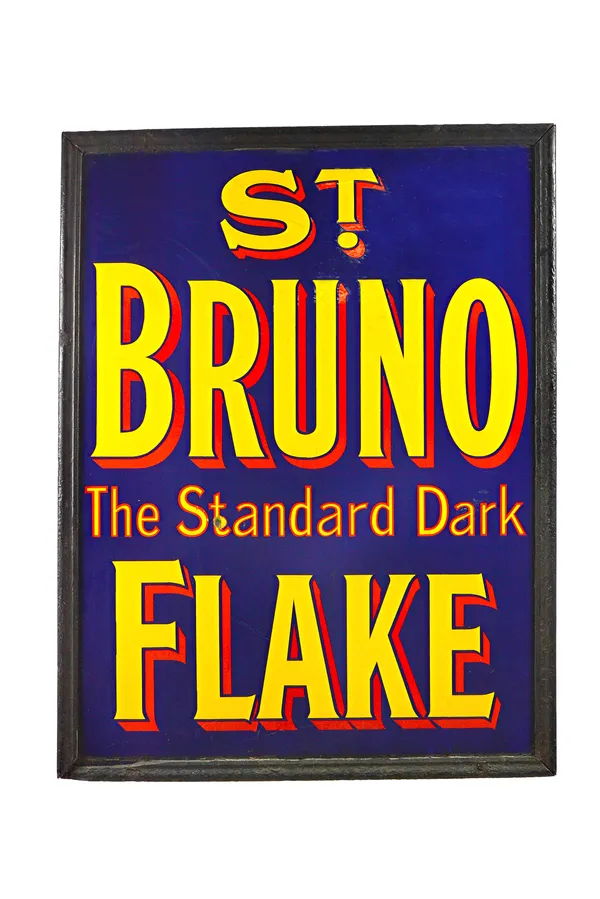 A large St. Bruno Flake Tobacco advertising sign, circa 1940, mounted in an ebonised wooden frame, 90cm x 120cm. Illustrated