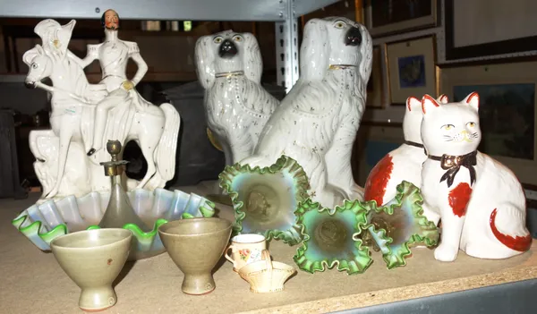 Ceramics including; a large pair of Staffordshire spaniels and other Staffordshire figures, a Victorian green and opalescent glass epergne, a St. Ives