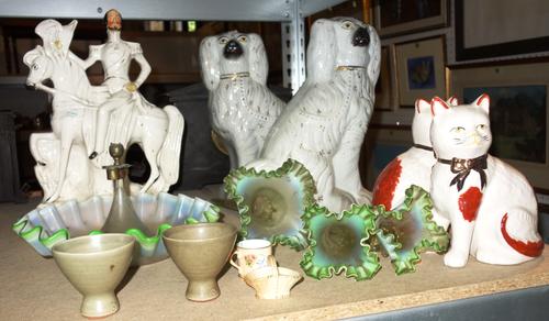 Ceramics including; a large pair of Staffordshire spaniels and other Staffordshire figures, a Victorian green and opalescent glass epergne, a St. Ives