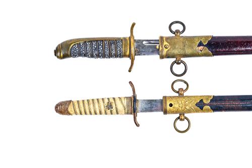 An Imperial Japanese naval officer's ceremonial knife, Second World War period, with faux shagreen grip and metal bound leather scabbard (the blade 21