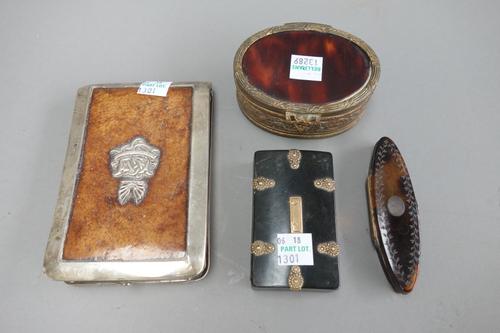 An 18th century tortoiseshell inlaid toothpick box, of shaped oval outline (9cm), an early 19th century tortoiseshell snuff box, with gilt metal embel