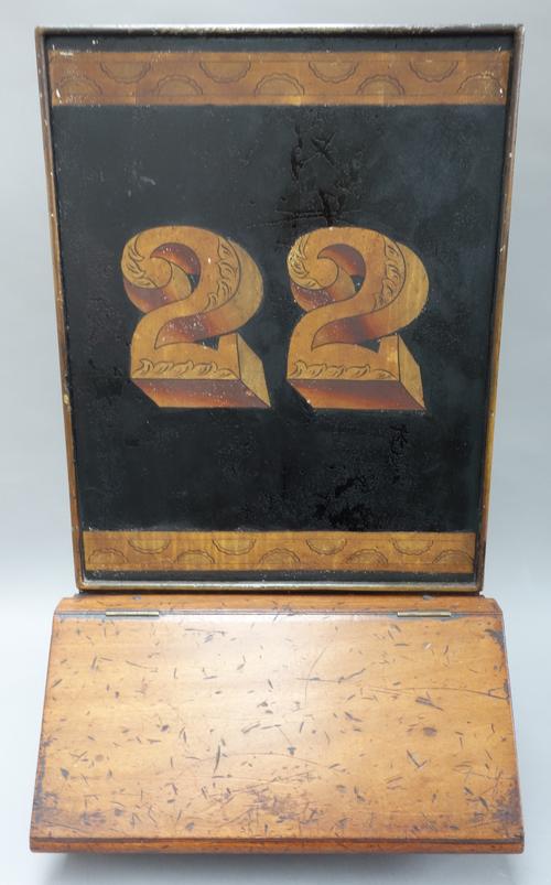 A tole peinte and mahogany shop fitter's grain bin by Parnall & Sons Ltd, Bristol, of rectangular form with gilt '22' to the front and a mahogany hing