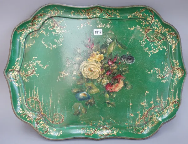A Jennens & Bettridge papier mâché tray, 19th century, with gilt foliate decoration against a green ground, within a shaped wide border, stamped maker